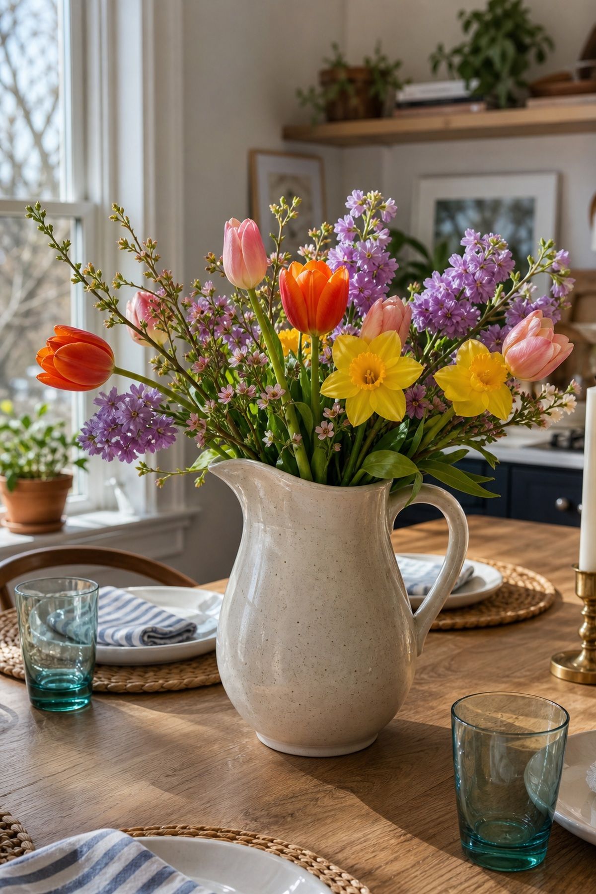 Use a Ceramic Pitcher as the Vessel small apartment idea for Top 17 Colorful Spring Centerpiece Ideas for Your Table.