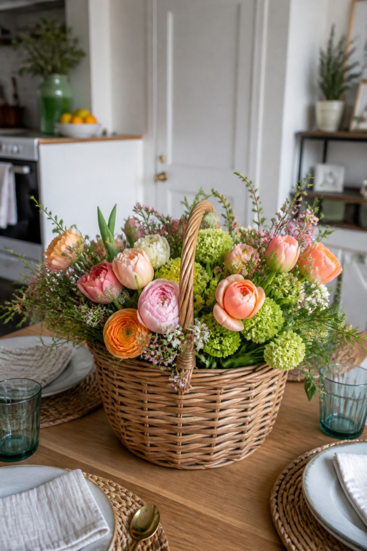 Try a Basket or Natural Vessel small apartment idea for Top 17 Colorful Spring Centerpiece Ideas for Your Table.
