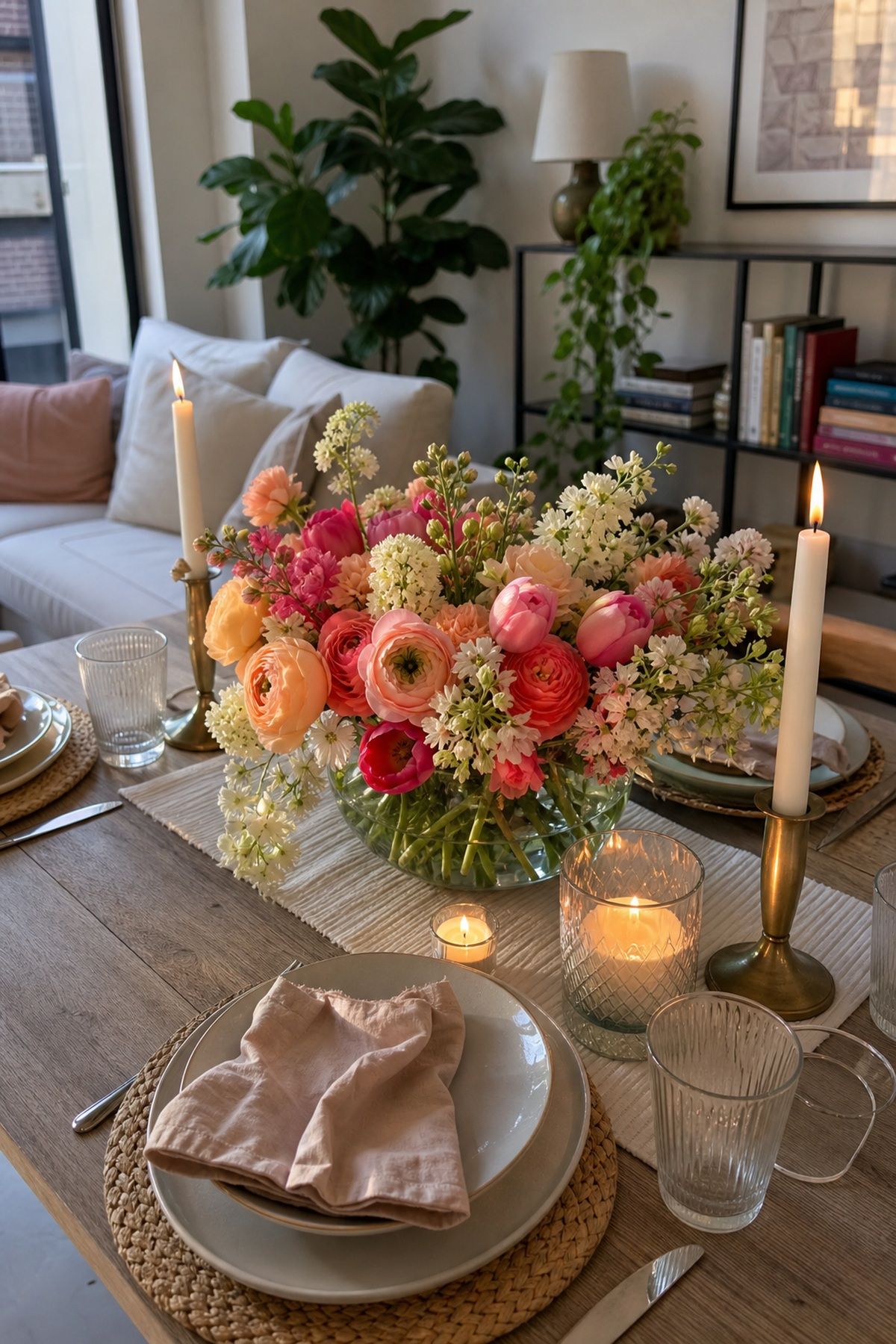 Pair the Arrangement With Candles small apartment idea for Top 17 Colorful Spring Centerpiece Ideas for Your Table.