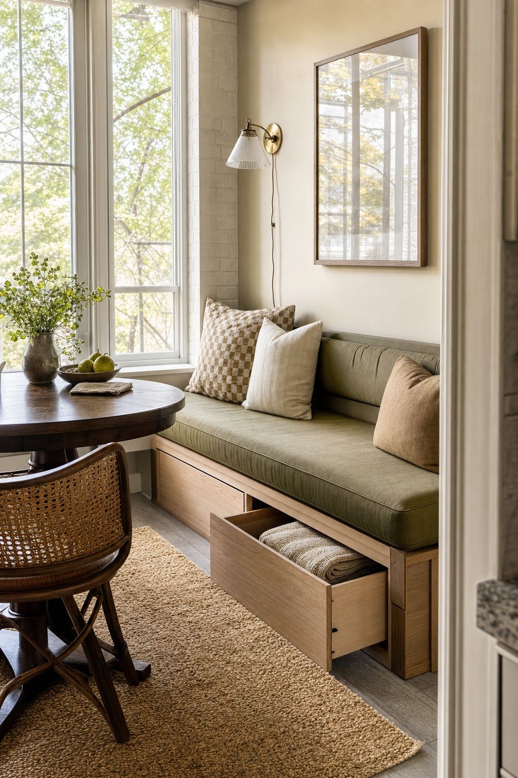 A Wall-Mounted Banquette With Storage Below small apartment idea for Top 17 Sunroom Breakfast Nook Ideas for Small Apartments.