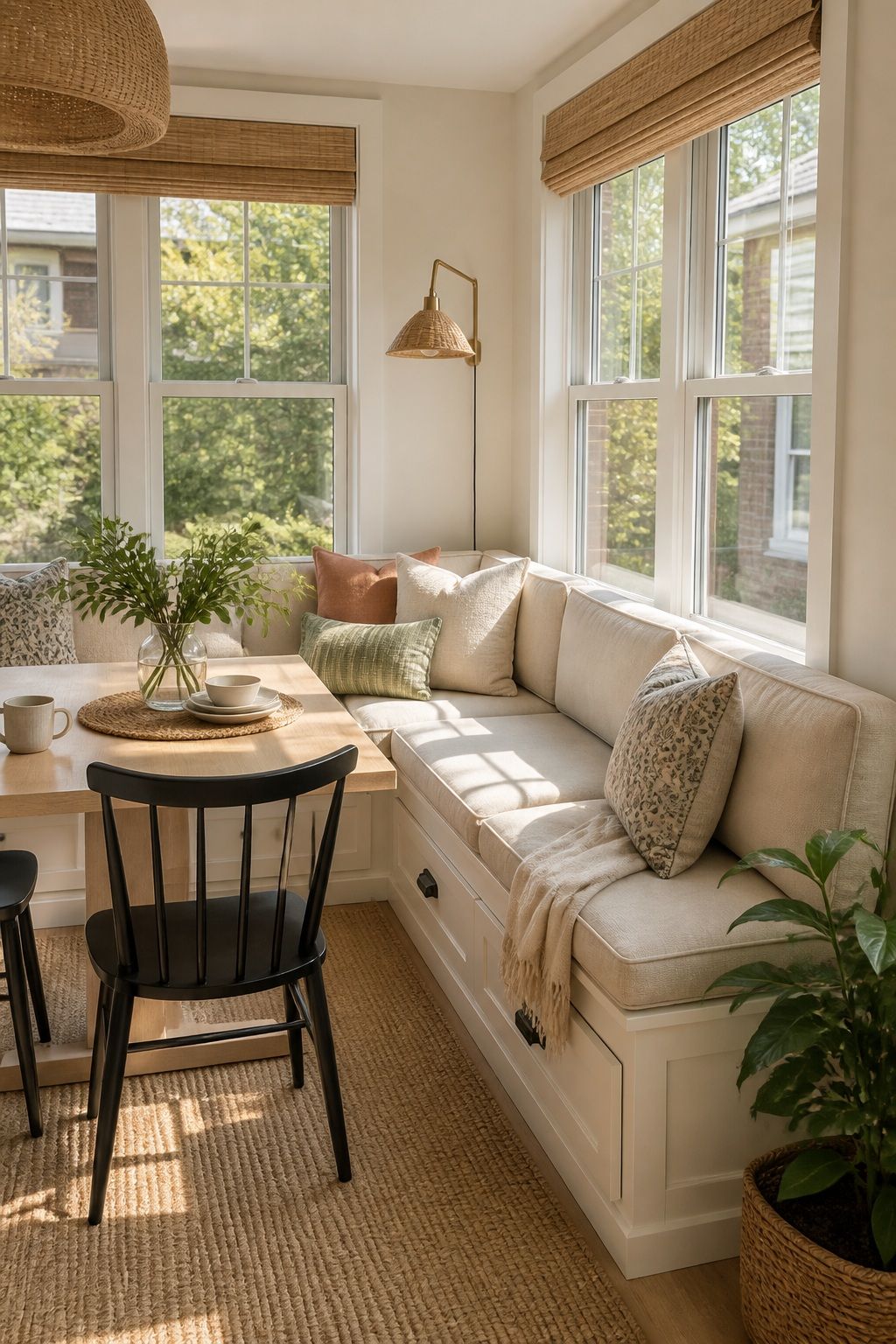 An L-Shaped Corner Banquette for Maximum Seating small apartment idea for Top 17 Sunroom Breakfast Nook Ideas for Small Apartments.