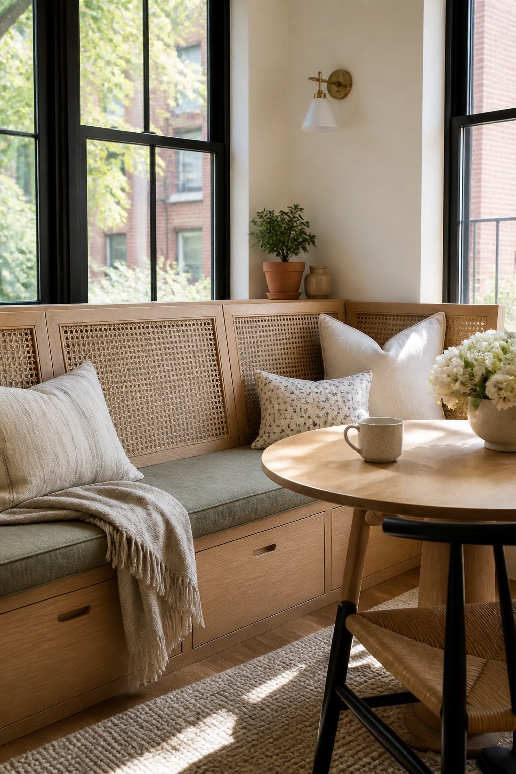 A Custom Built-In Banquette With Cane Backrest small apartment idea for Top 17 Sunroom Breakfast Nook Ideas for Small Apartments.