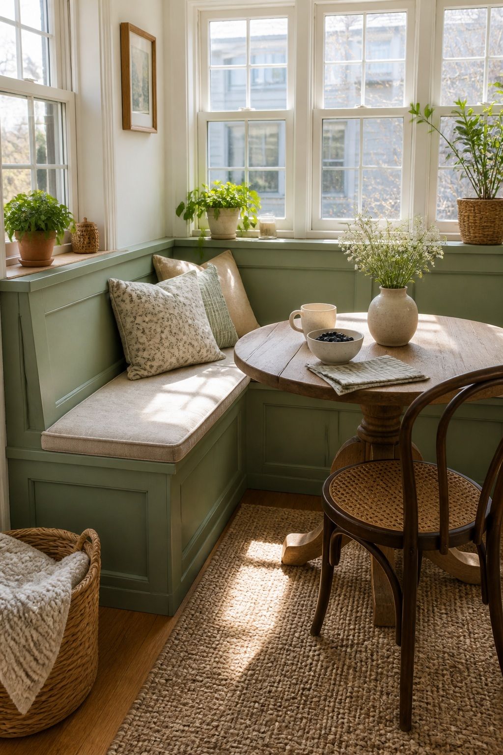 A Painted Wood Banquette in Sage or Cream small apartment idea for Top 17 Sunroom Breakfast Nook Ideas for Small Apartments.
