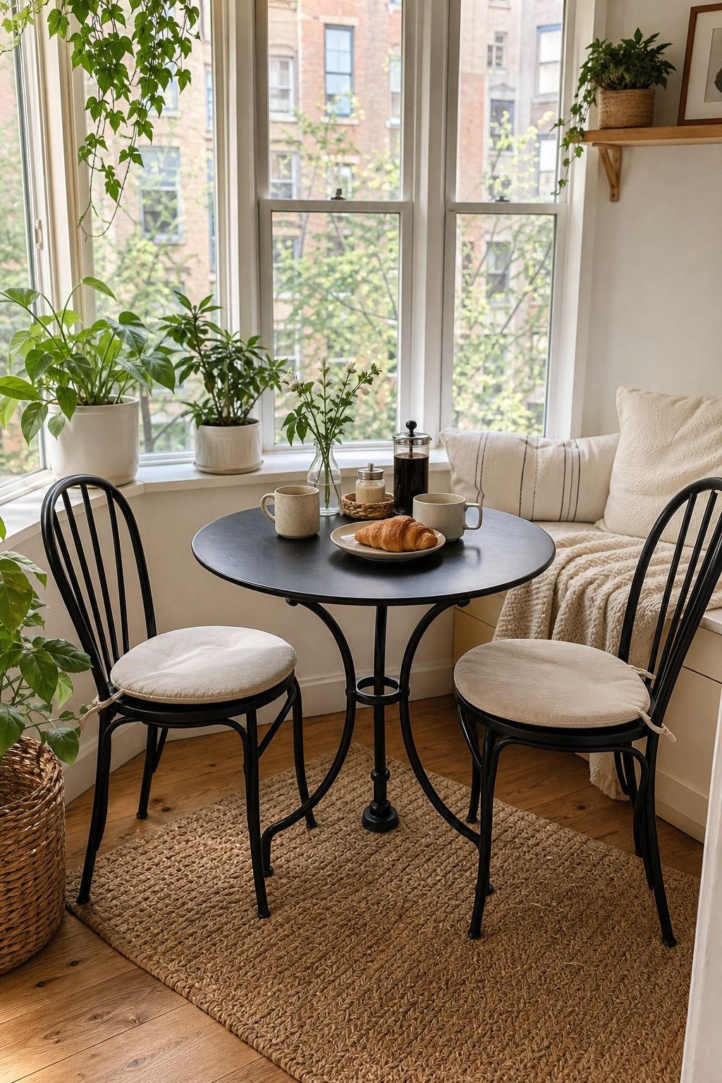 A Round Iron Bistro Table for Two small apartment idea for Top 17 Sunroom Breakfast Nook Ideas for Small Apartments.