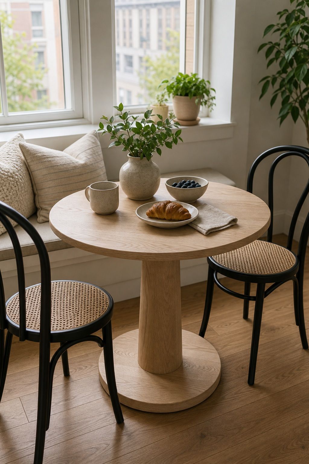 A Pale Wood Pedestal Bistro Table small apartment idea for Top 17 Sunroom Breakfast Nook Ideas for Small Apartments.