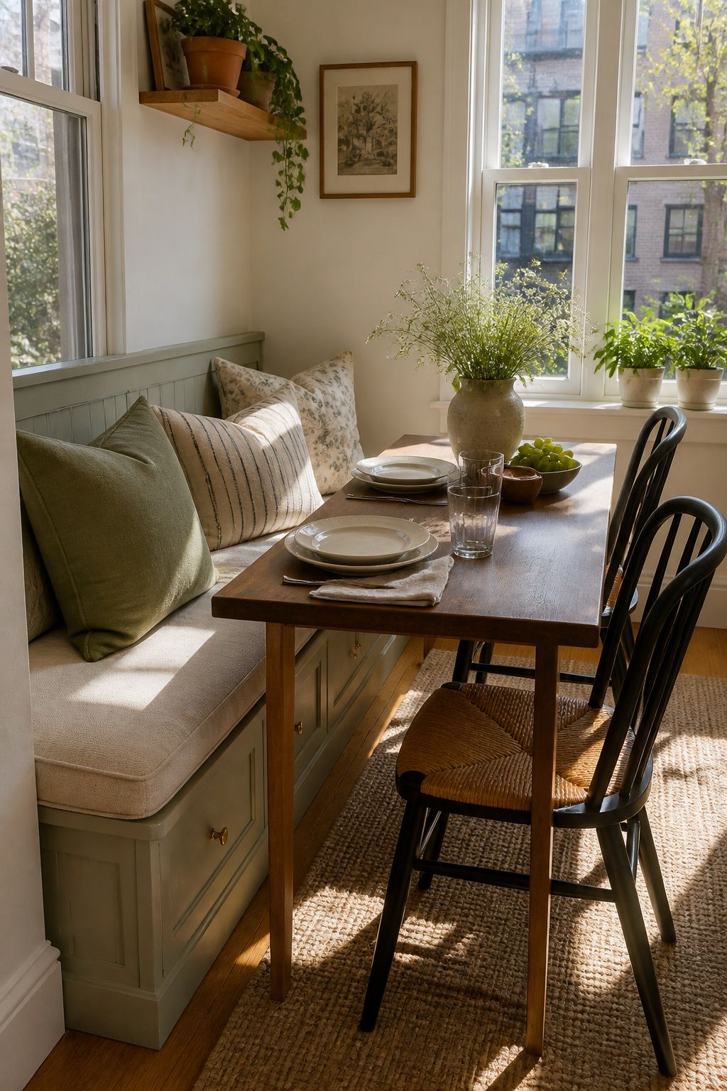 A Rectangular Table Against a Banquette small apartment idea for Top 17 Sunroom Breakfast Nook Ideas for Small Apartments.
