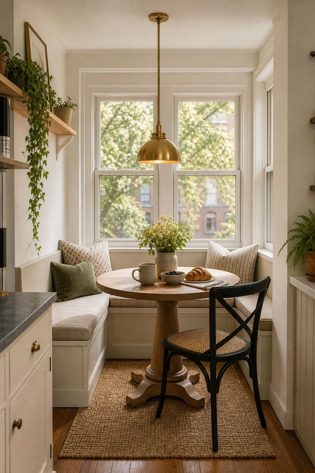 A Small Brass Pendant Light Centered Over the Table small apartment idea for Top 17 Sunroom Breakfast Nook Ideas for Small Apartments.