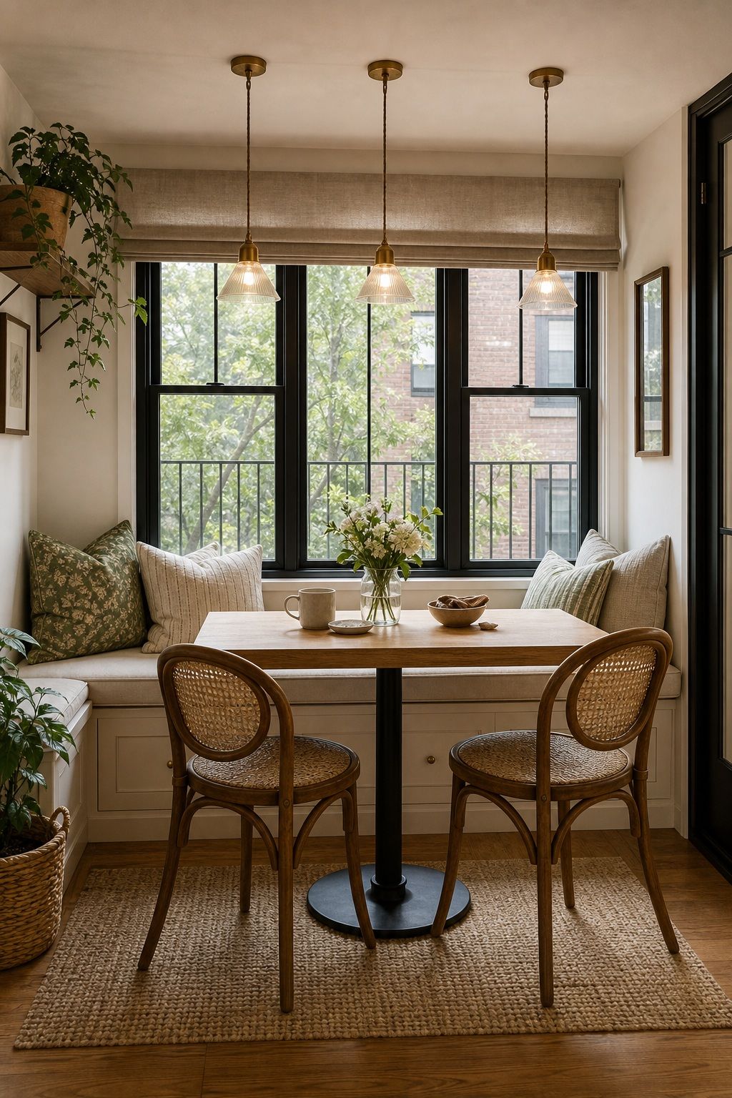 A Trio of Mini Pendants for a Polished Cafe Look small apartment idea for Top 17 Sunroom Breakfast Nook Ideas for Small Apartments.