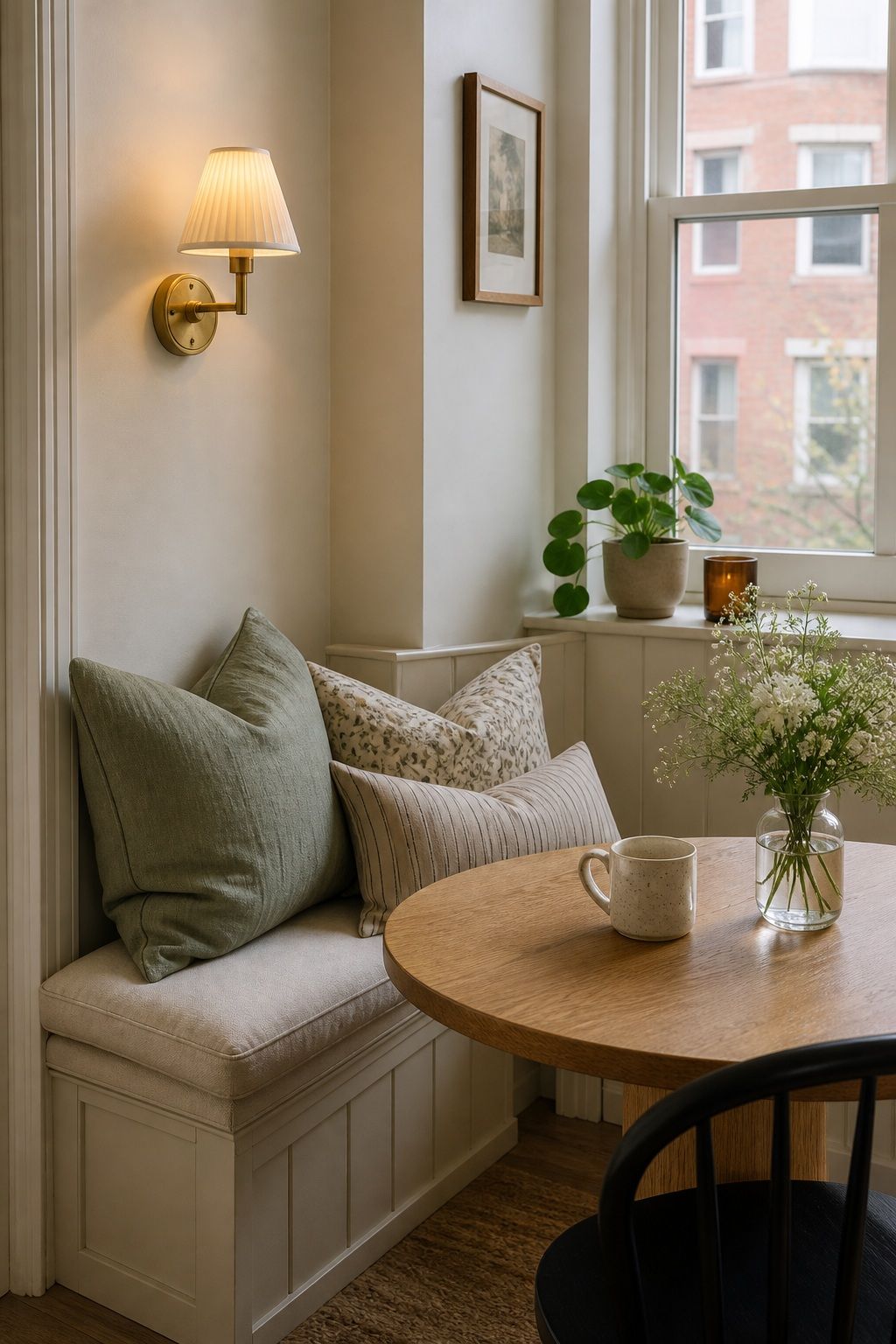 A Wall Sconce Beside the Banquette small apartment idea for Top 17 Sunroom Breakfast Nook Ideas for Small Apartments.