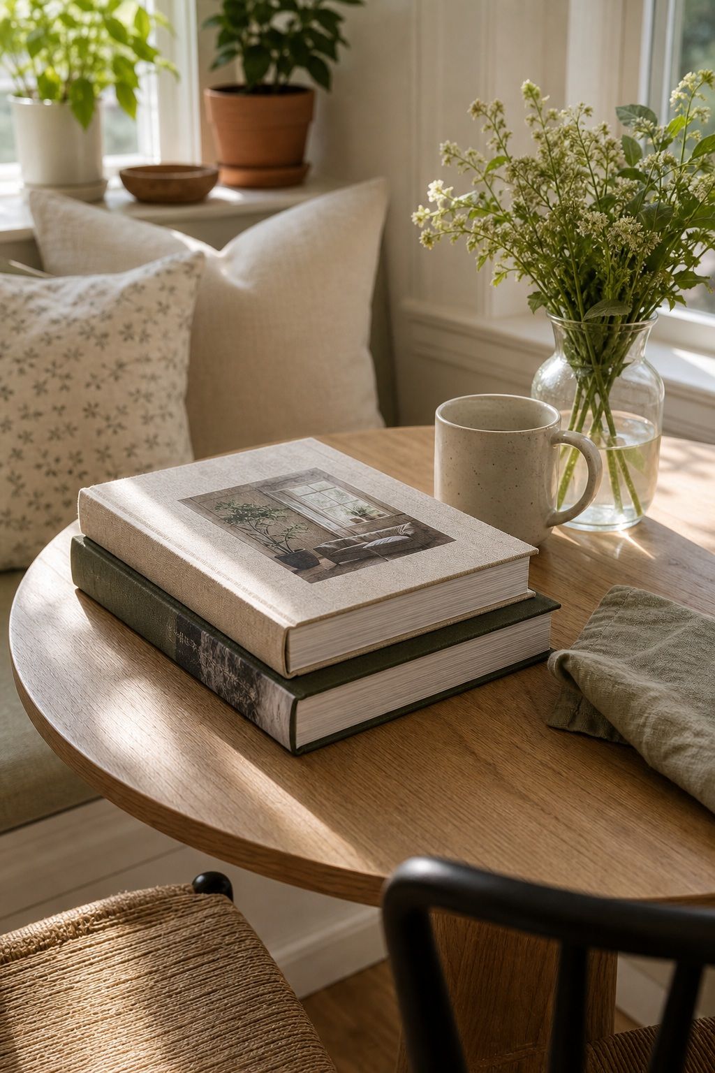 A Stack of Two Coffee Table Books on the Table small apartment idea for Top 17 Sunroom Breakfast Nook Ideas for Small Apartments.