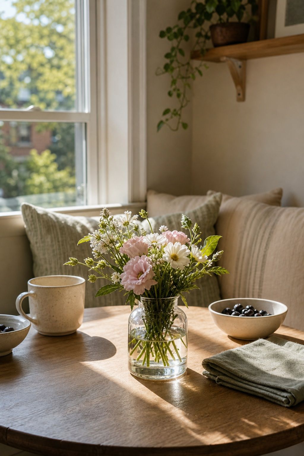 A Small Vase of Fresh Florals Refreshed Weekly small apartment idea for Top 17 Sunroom Breakfast Nook Ideas for Small Apartments.
