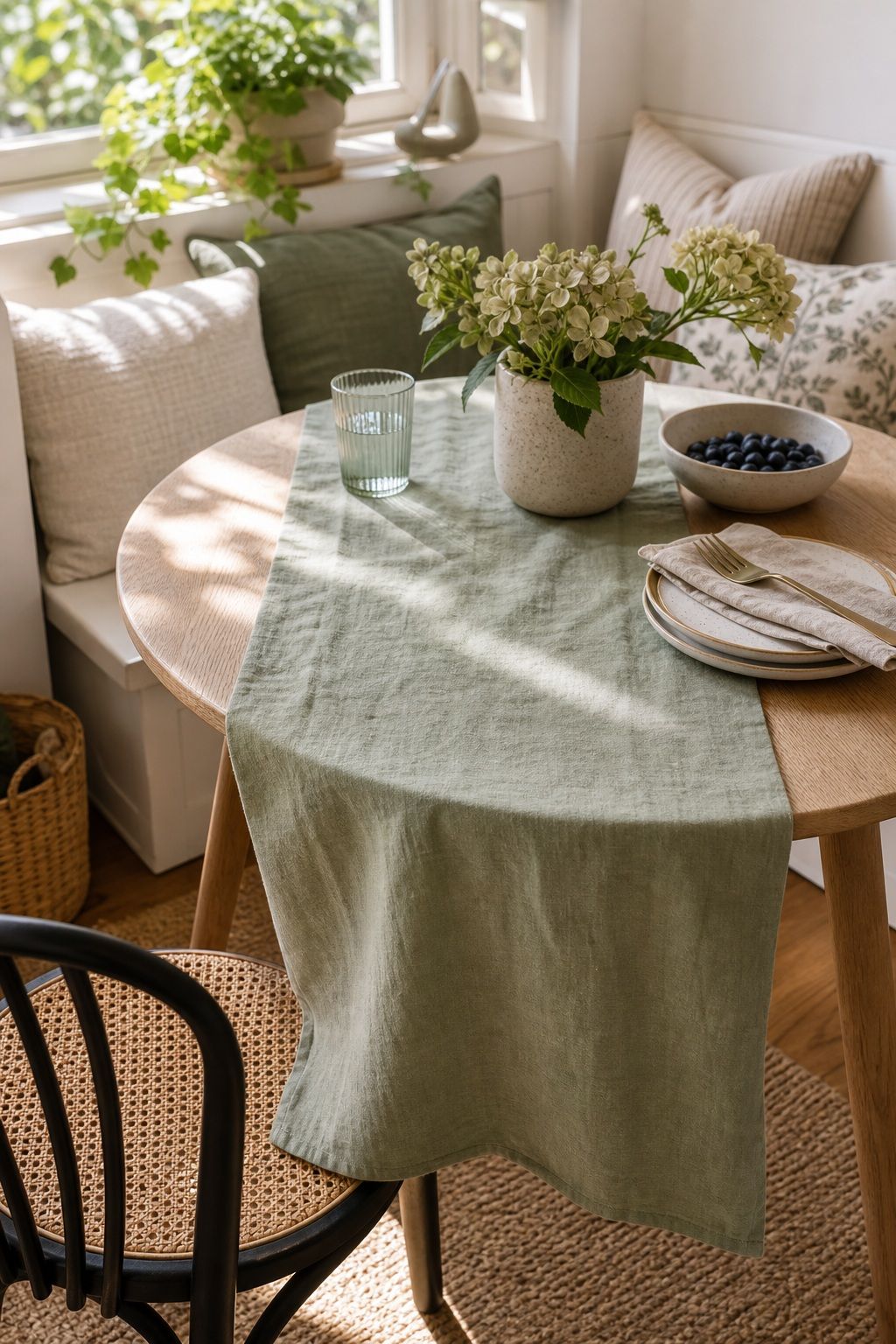 A Linen Table Runner in Cream or Sage small apartment idea for Top 17 Sunroom Breakfast Nook Ideas for Small Apartments.