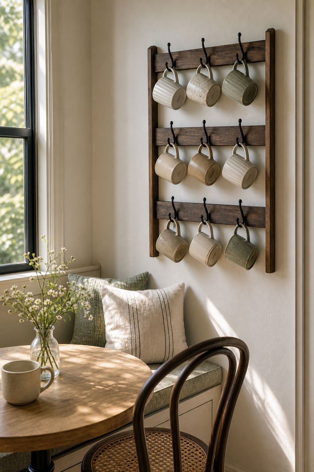 A Wall-Mounted Coffee Mug Rack small apartment idea for Top 17 Sunroom Breakfast Nook Ideas for Small Apartments.