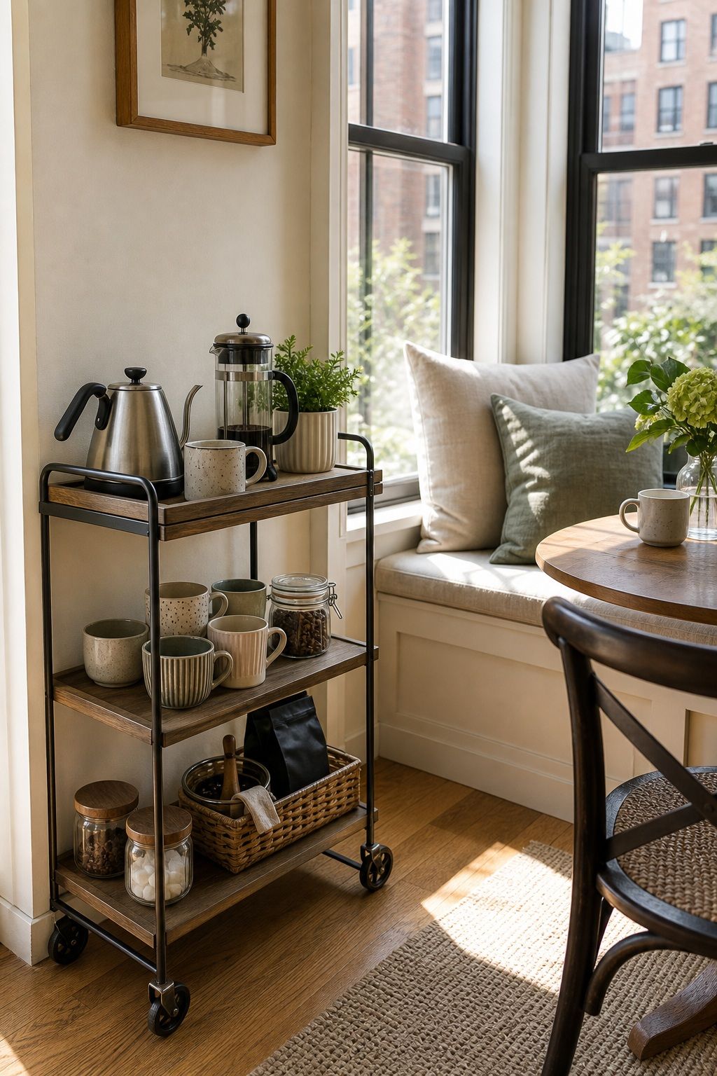A Slim Bar Cart for Coffee Supplies small apartment idea for Top 17 Sunroom Breakfast Nook Ideas for Small Apartments.