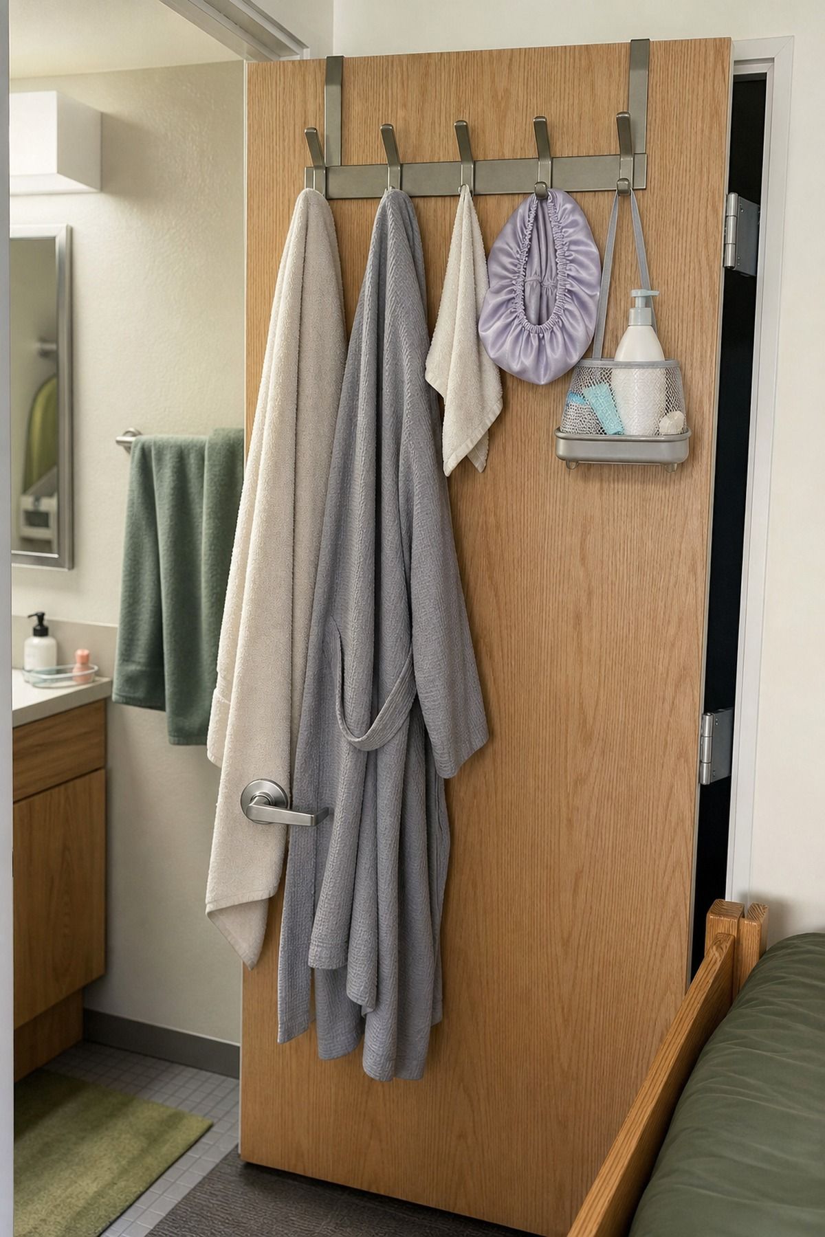 Add Over-the-Door Hooks for Wet Items small apartment idea for Top 19 Space-Saving College Dorm Bathroom Ideas Students Swear By.