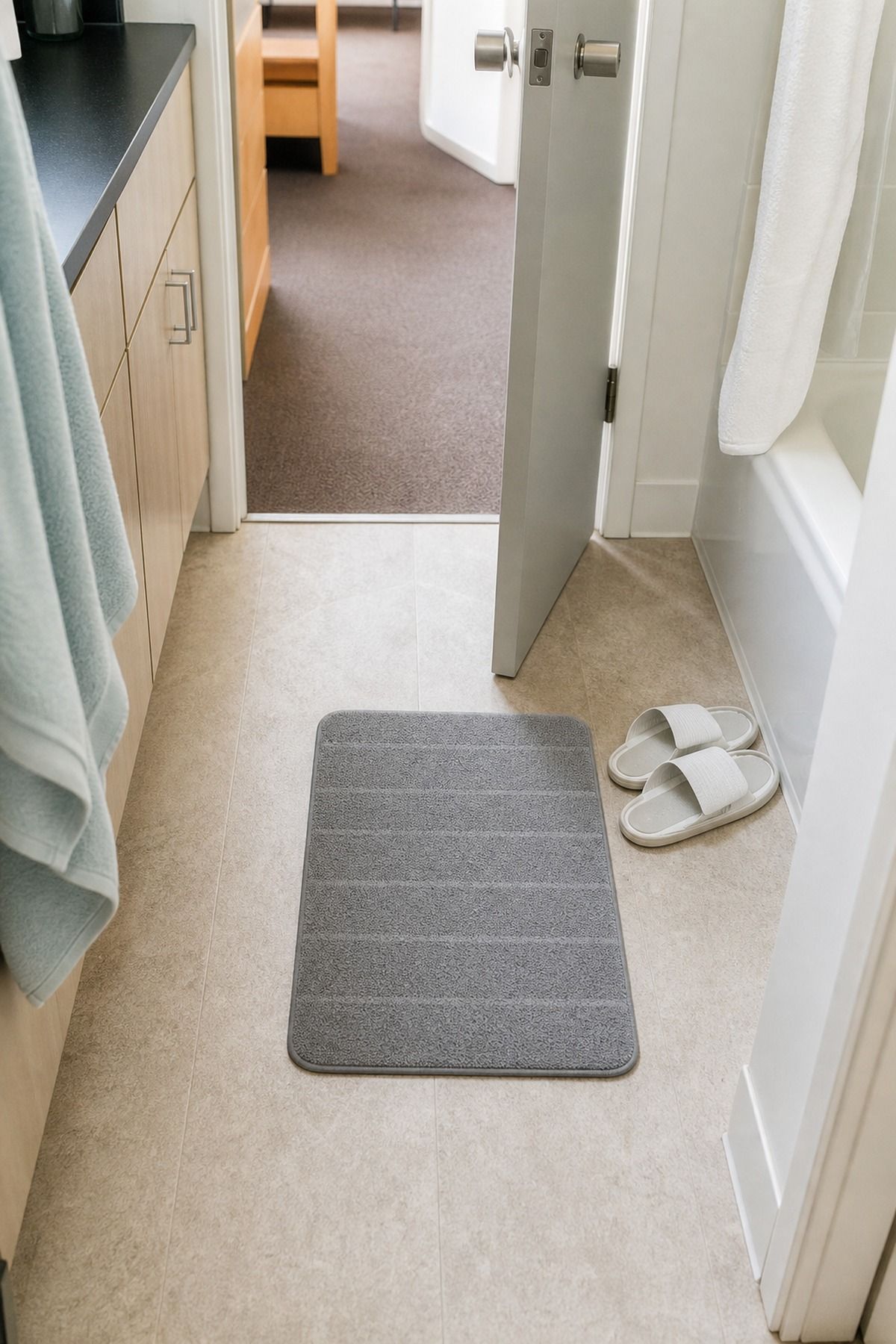 Keep a Small Bath Mat or Quick-Dry Mat small apartment idea for Top 19 Space-Saving College Dorm Bathroom Ideas Students Swear By.