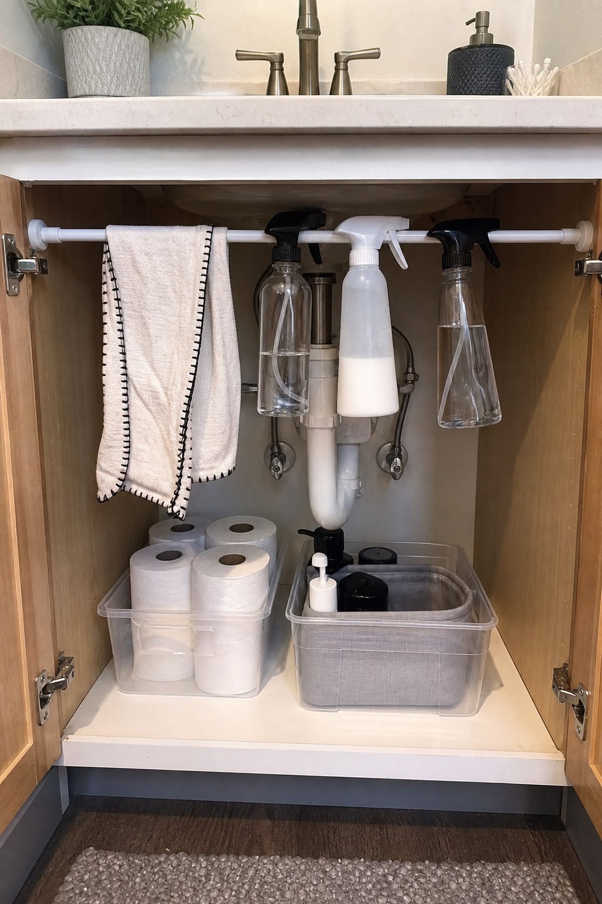Add a Tension Rod for Hidden Storage small apartment idea for Top 19 Space-Saving College Dorm Bathroom Ideas Students Swear By.