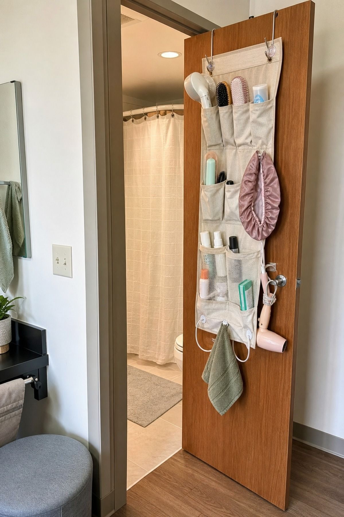 Maximize the Back of Every Door small apartment idea for Top 19 Space-Saving College Dorm Bathroom Ideas Students Swear By.