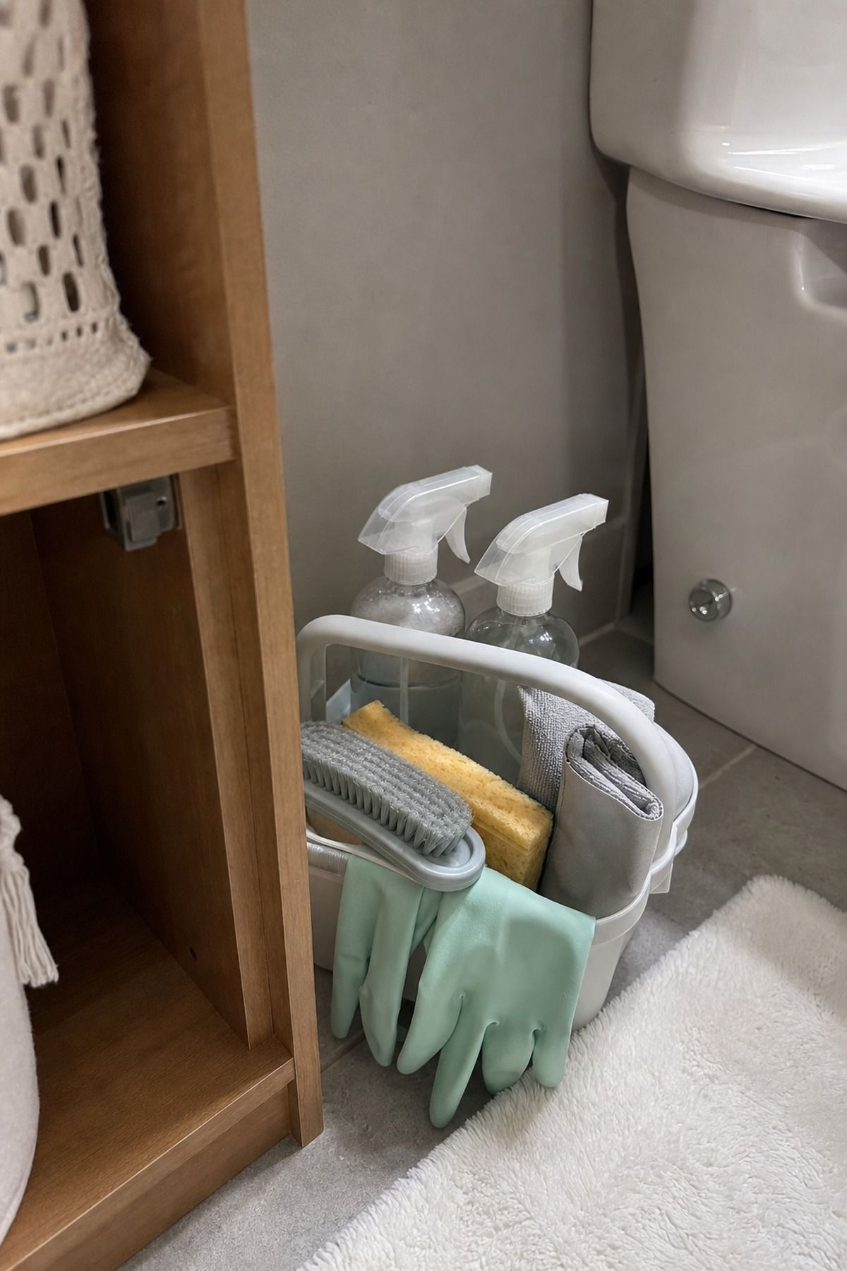 Keep a Compact Cleaning Caddy small apartment idea for Top 19 Space-Saving College Dorm Bathroom Ideas Students Swear By.