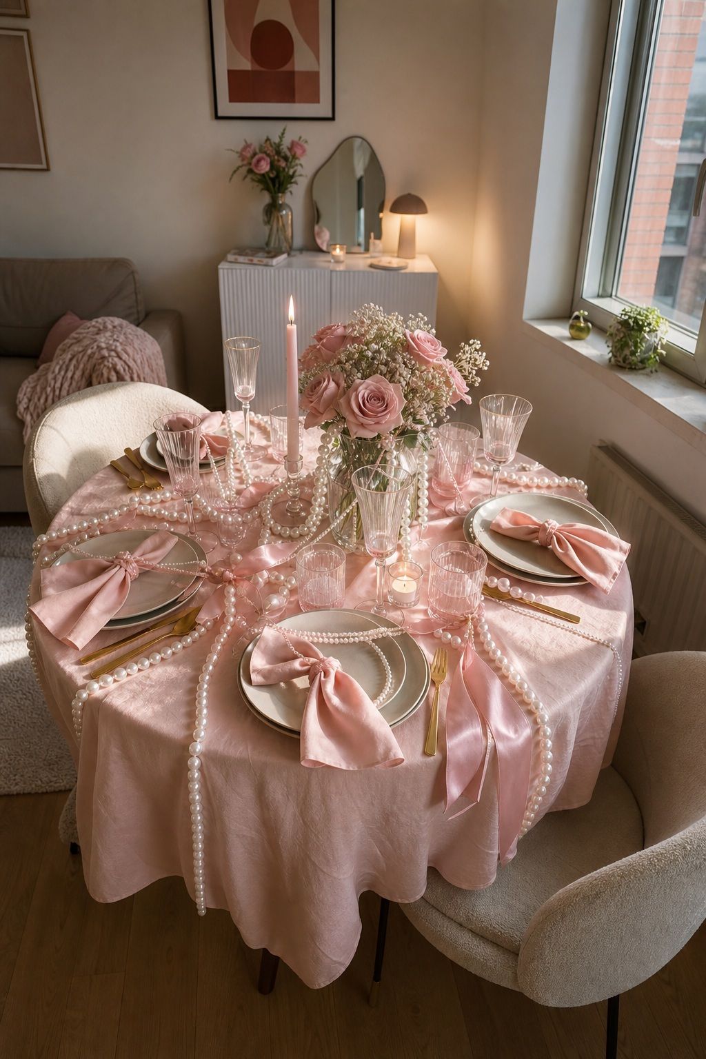Soft Glam Pink and Pearl Theme small apartment idea for Top 17 Galentines Party Decor Ideas for Small Apartments.