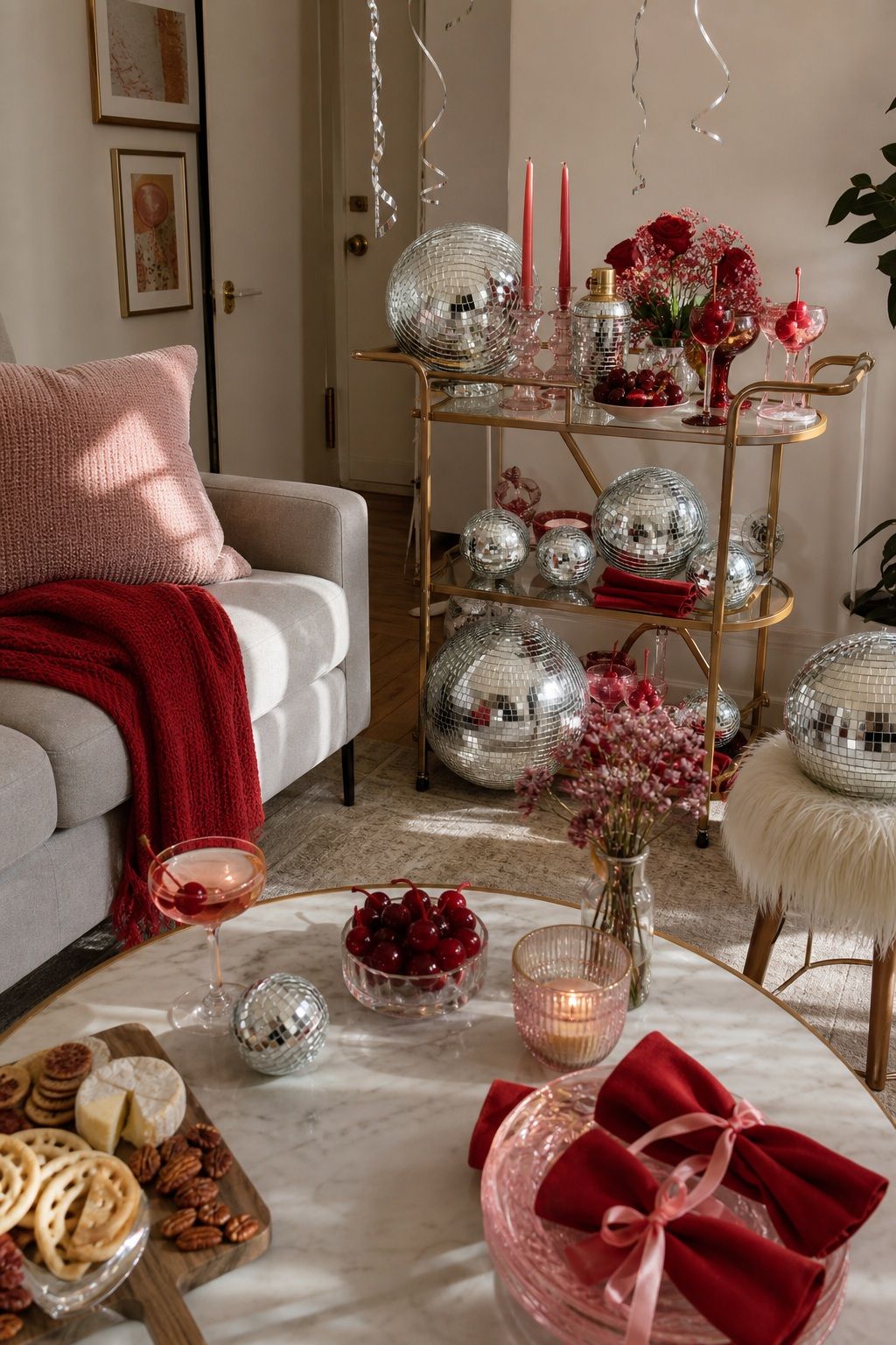 Disco Galentine's With Silver Mirrorballs and Cherry Red small apartment idea for Top 17 Galentines Party Decor Ideas for Small Apartments.