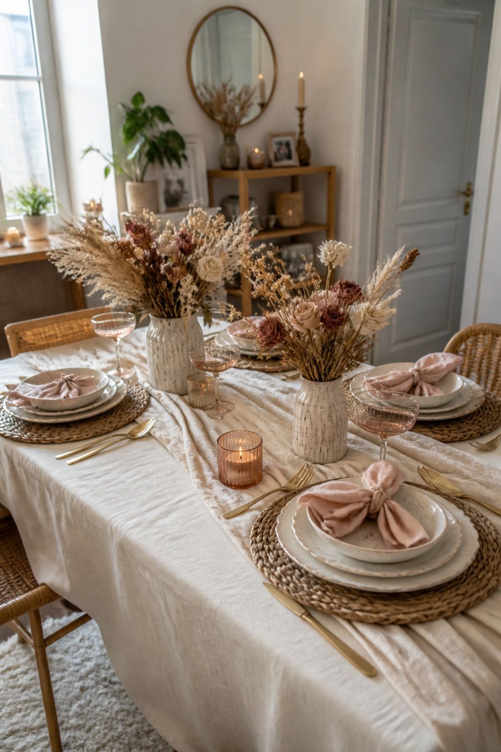 Boho Galentine's With Dried Roses and Cream Linens small apartment idea for Top 17 Galentines Party Decor Ideas for Small Apartments.