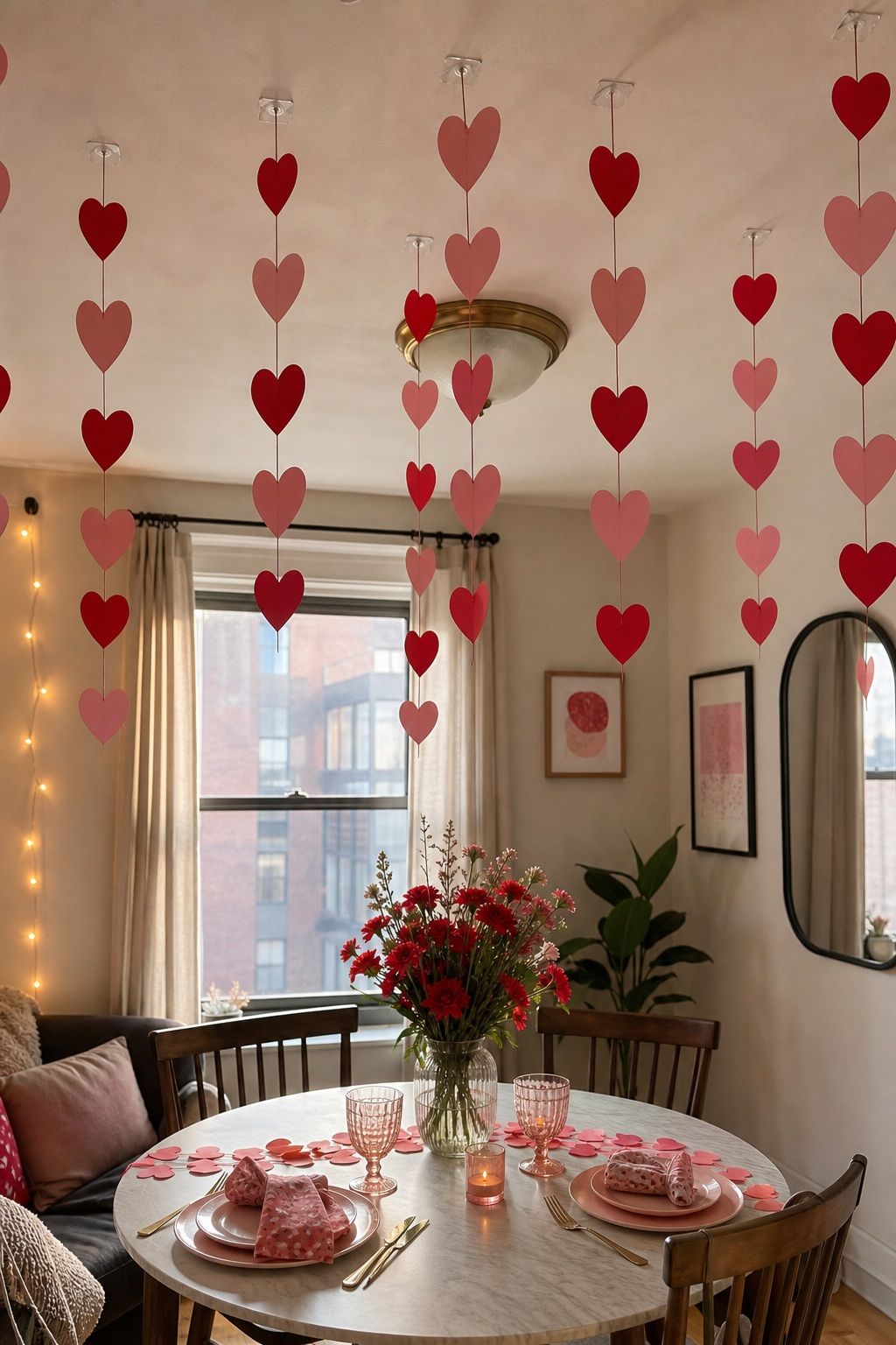 Paper Heart Garland Strung From the Ceiling small apartment idea for Top 17 Galentines Party Decor Ideas for Small Apartments.