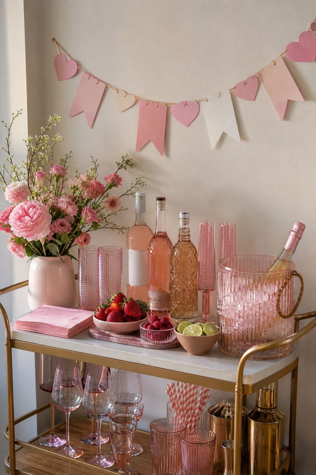Pink Drink Bar Zone With Banner Above small apartment idea for Top 17 Galentines Party Decor Ideas for Small Apartments.
