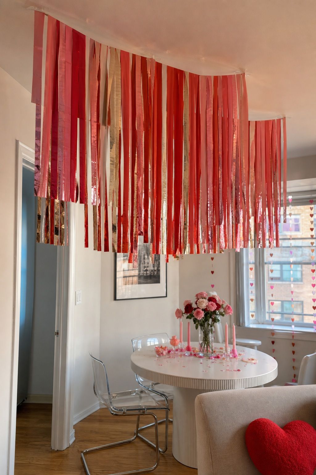 Fringe Streamer Ceiling Curtain small apartment idea for Top 17 Galentines Party Decor Ideas for Small Apartments.