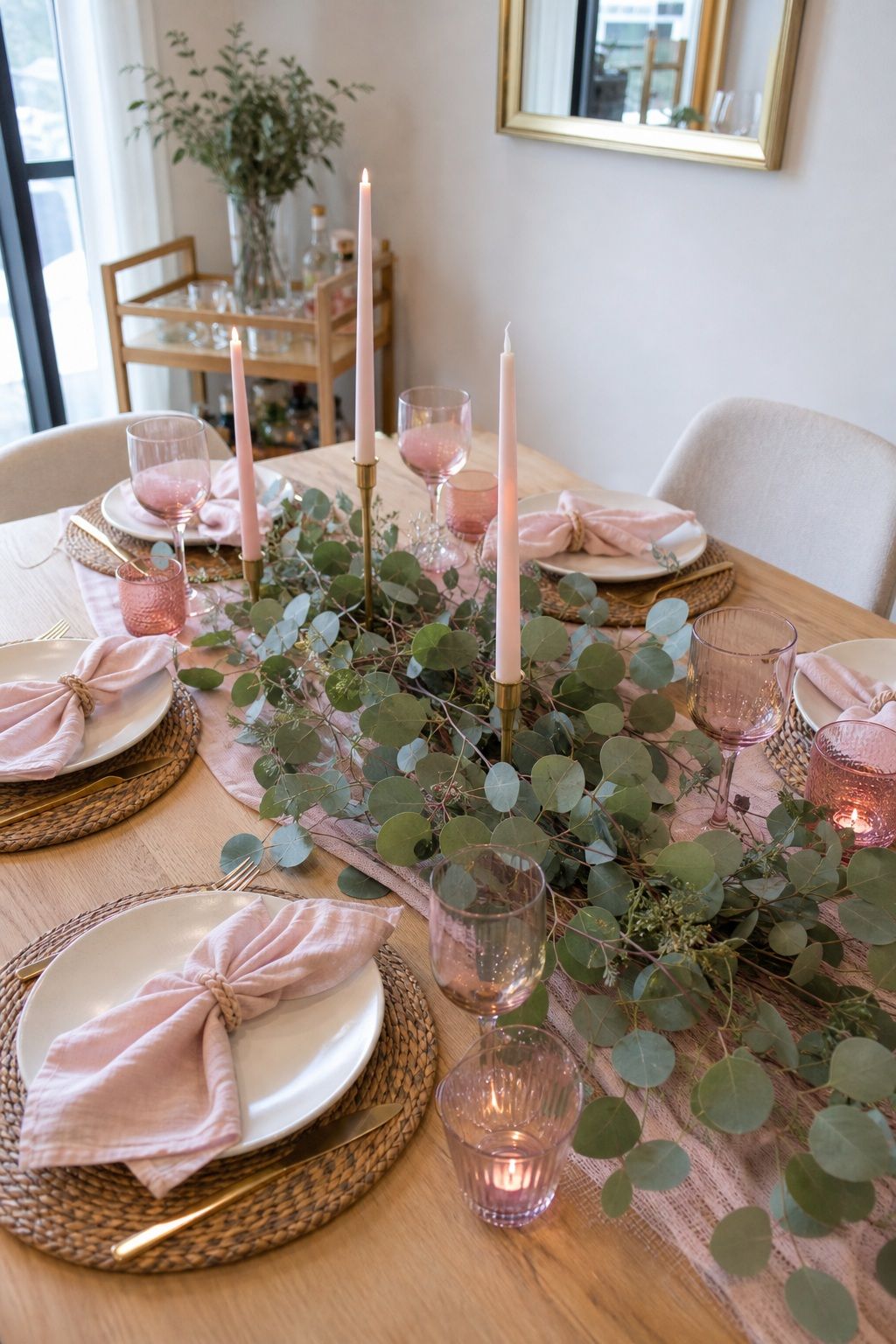 Eucalyptus Garland Down the Table small apartment idea for Top 17 Galentines Party Decor Ideas for Small Apartments.
