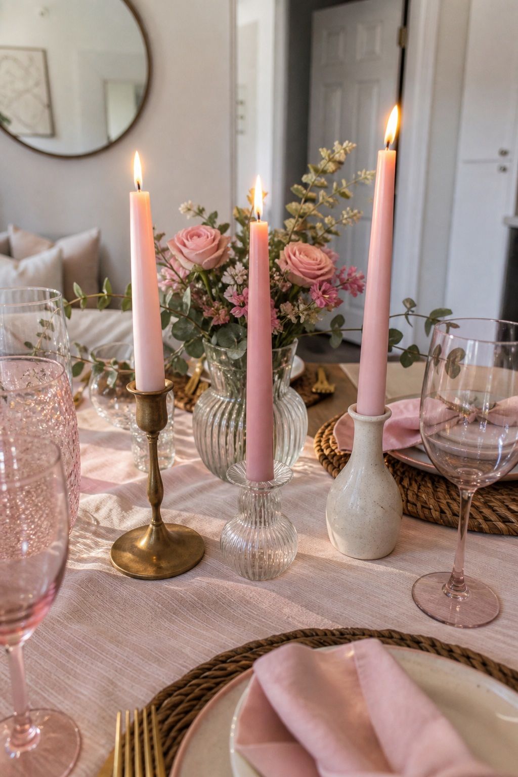 Pink Taper Candles in Mismatched Holders small apartment idea for Top 17 Galentines Party Decor Ideas for Small Apartments.