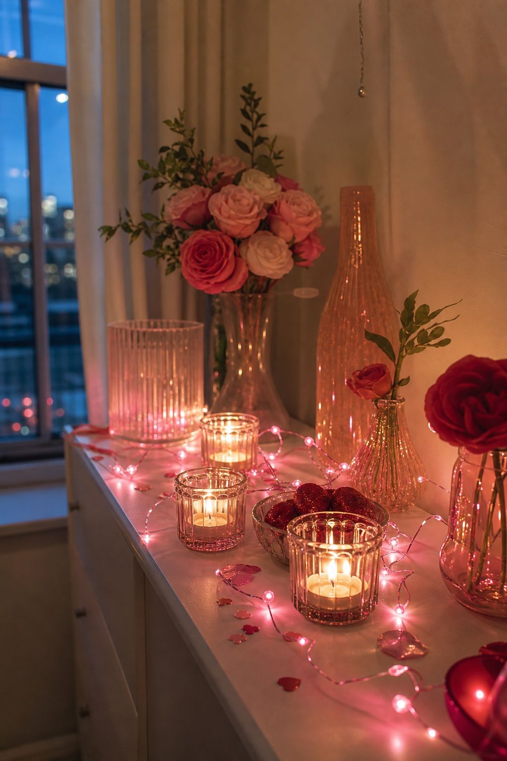 Pink Fairy Lights Layered With Tea Lights small apartment idea for Top 17 Galentines Party Decor Ideas for Small Apartments.