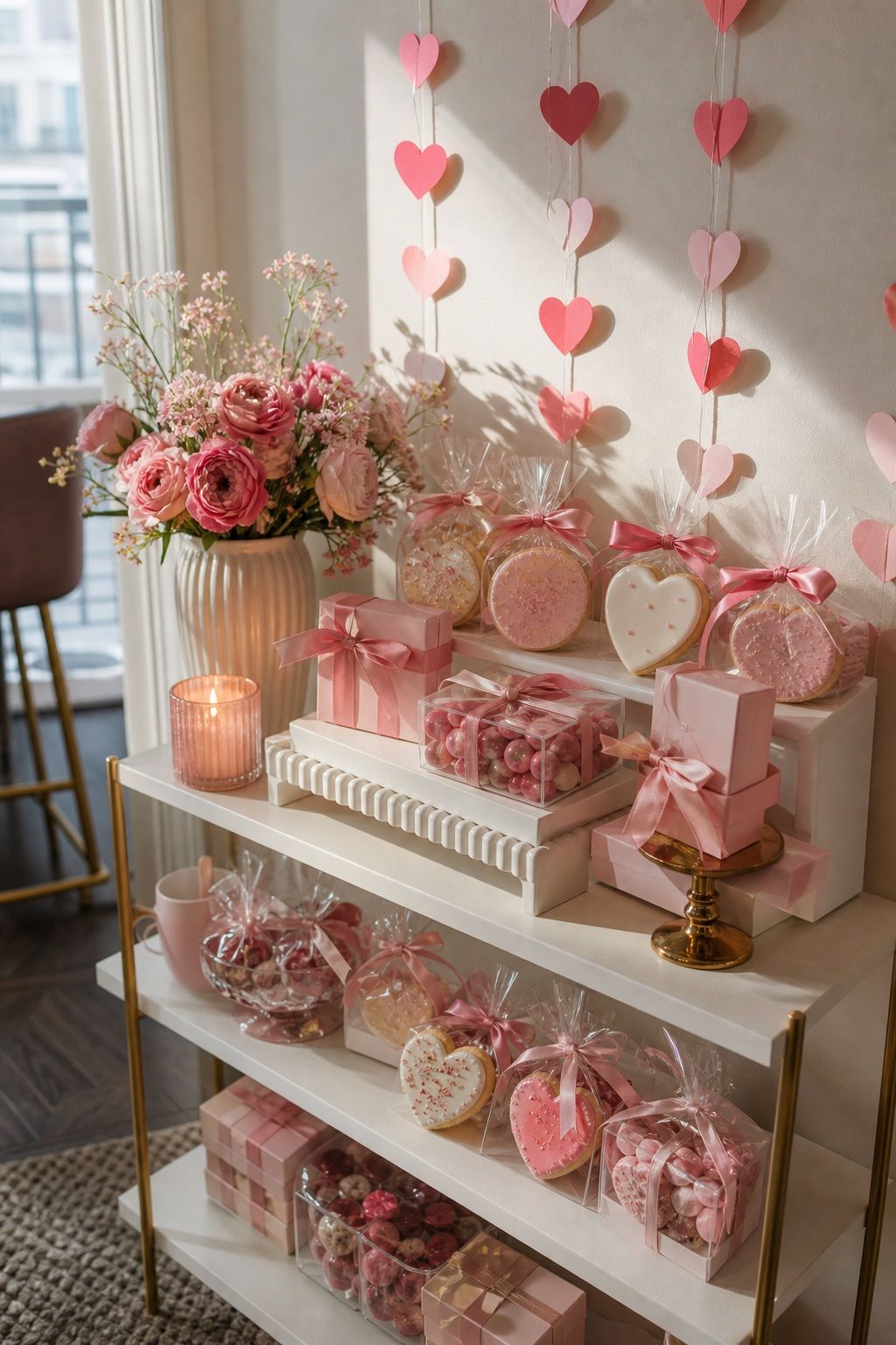 Favor Wall as Decor Sweet Treat Boxes on Display small apartment idea for Top 17 Galentines Party Decor Ideas for Small Apartments.