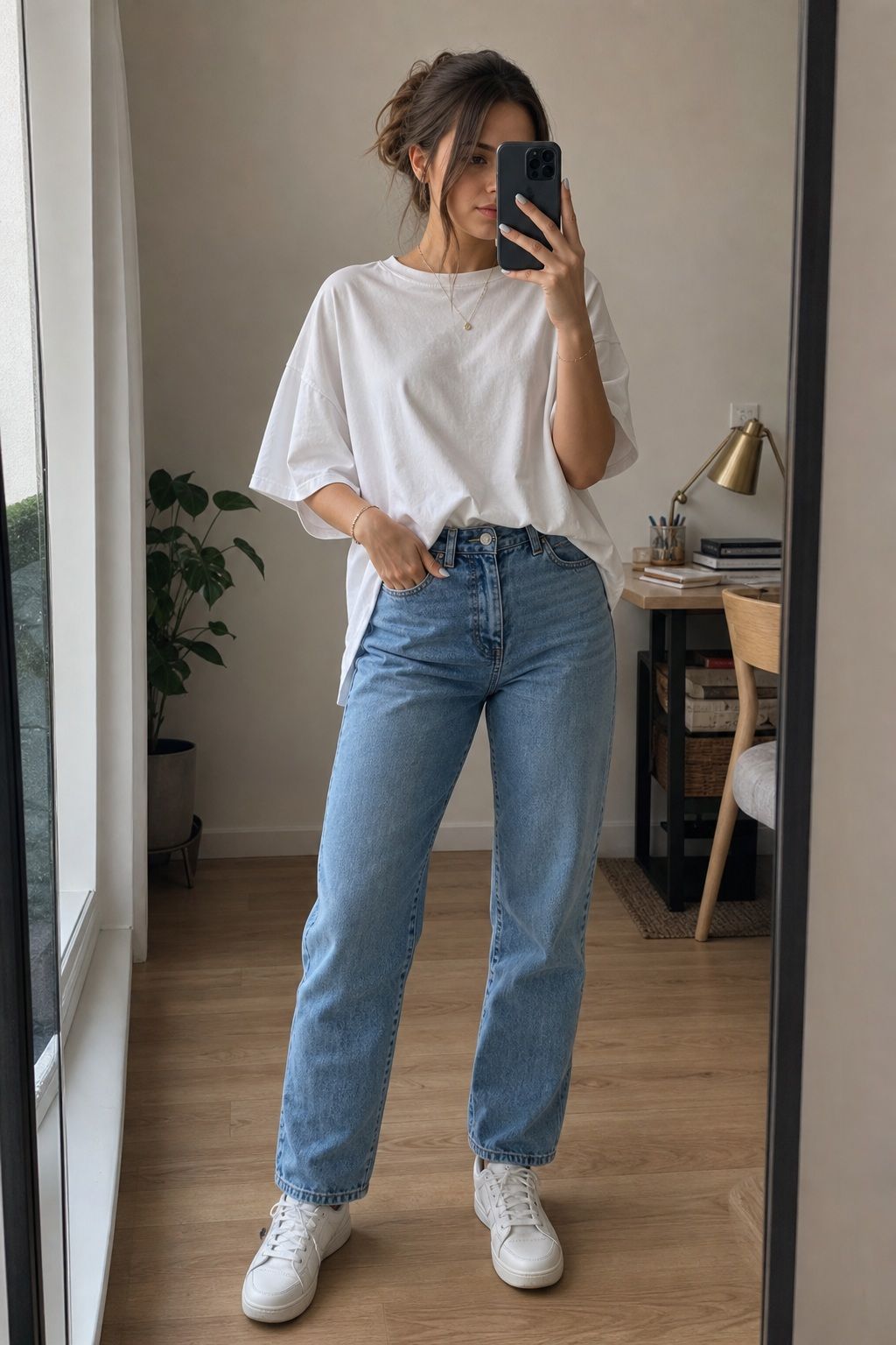 High-Waisted Mom Jeans with Oversized Tee small apartment idea for Top 20 Best College Back to School Outfits for Every Day on Campus.