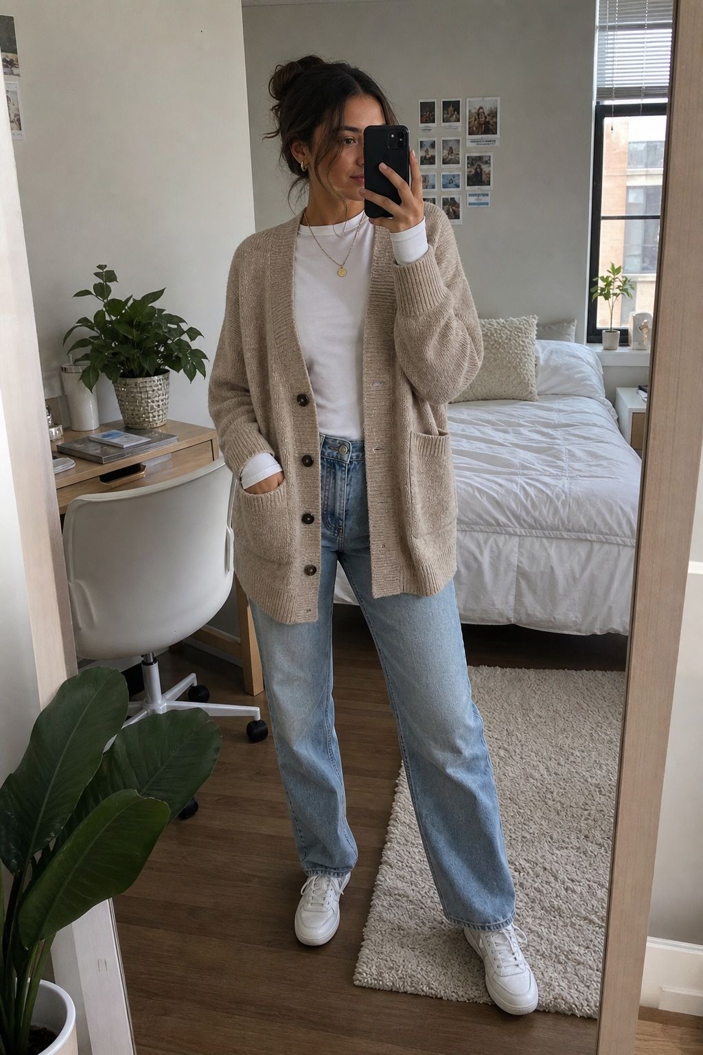 Cozy Cardigan with Long-Sleeve Tee small apartment idea for Top 20 Best College Back to School Outfits for Every Day on Campus.