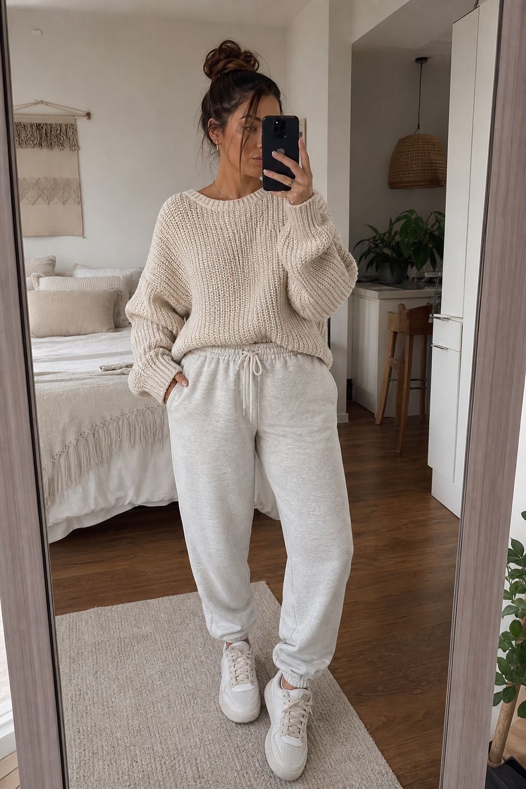 Knit Sweater with Joggers small apartment idea for Top 20 Best College Back to School Outfits for Every Day on Campus.