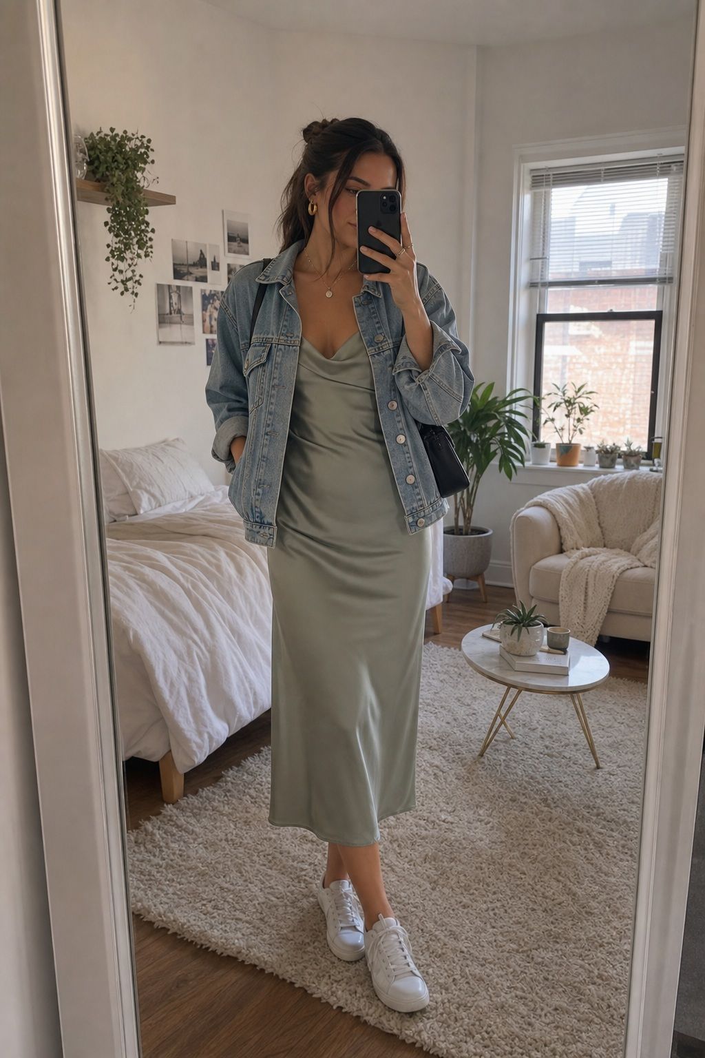 Slip Dress with Denim Jacket small apartment idea for Top 20 Best College Back to School Outfits for Every Day on Campus.