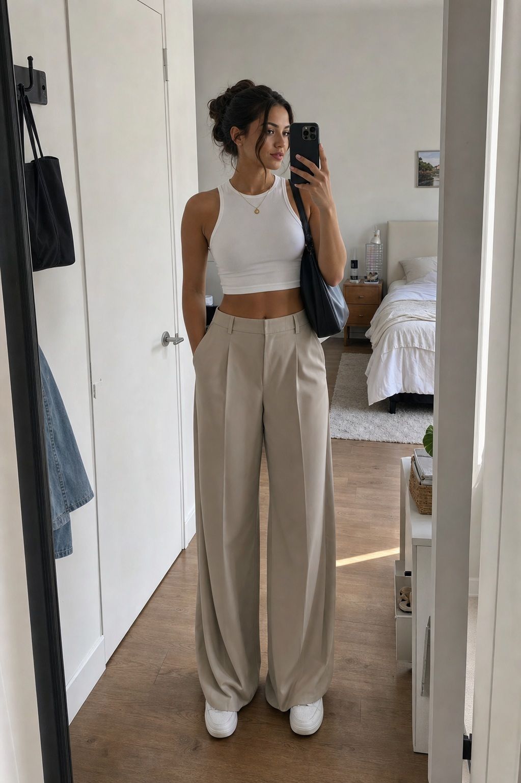 Wide-Leg Trousers with Crop Top small apartment idea for Top 20 Best College Back to School Outfits for Every Day on Campus.