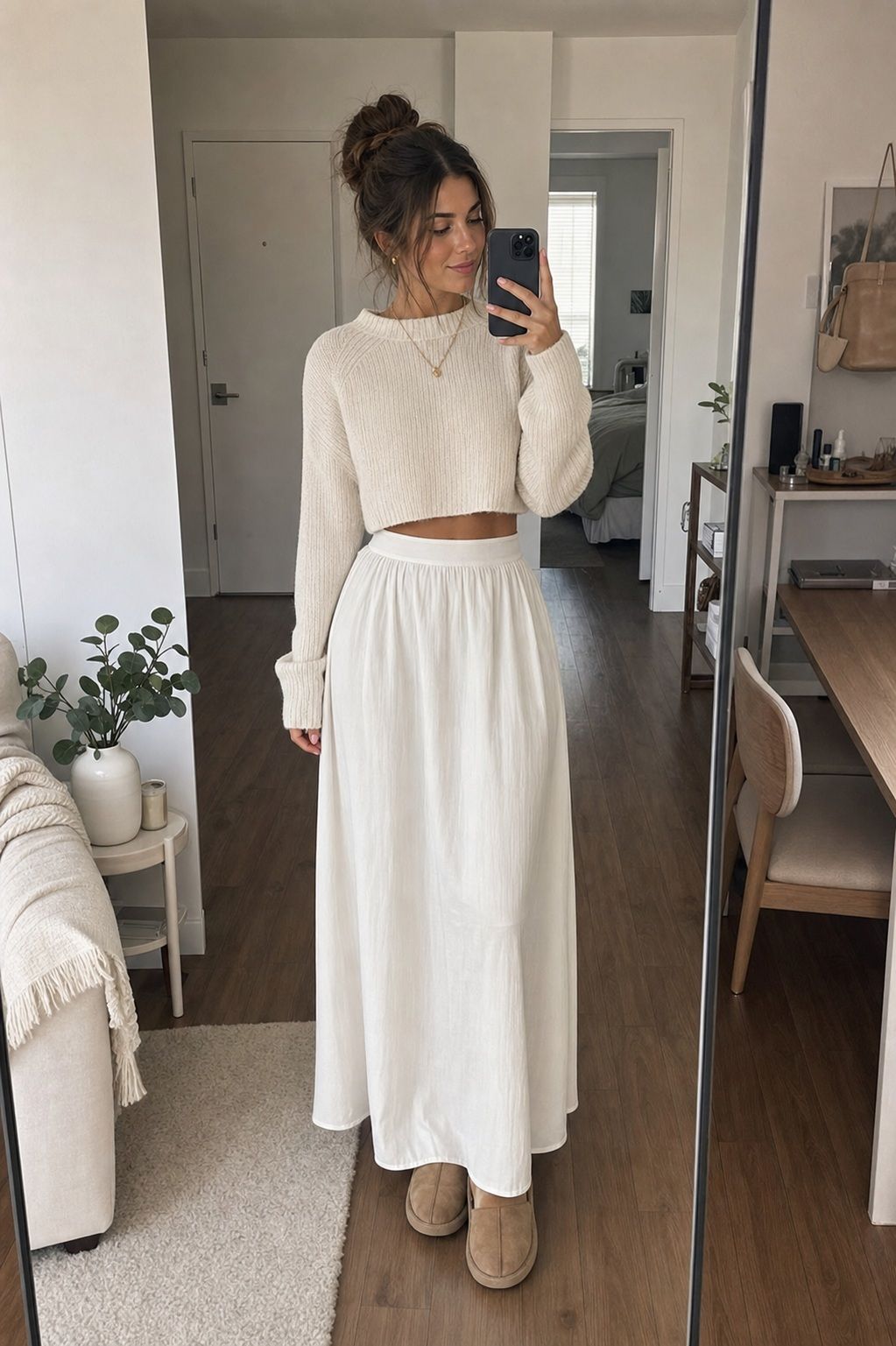 Maxi Skirt with Cropped Sweater small apartment idea for Top 20 Best College Back to School Outfits for Every Day on Campus.