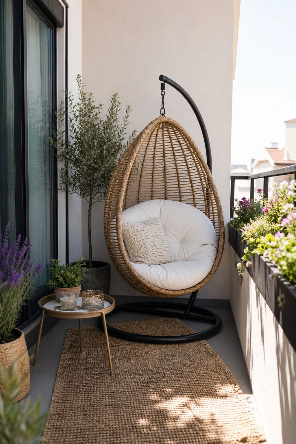 Add a Single-Occupancy Cocoon Chair small apartment idea for Top 18 Garden Summer Decor Ideas for Small Apartments.