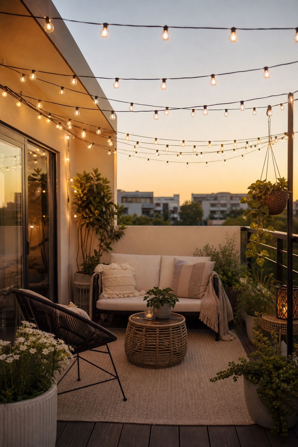 Layer String Lights Overhead small apartment idea for Top 18 Garden Summer Decor Ideas for Small Apartments.