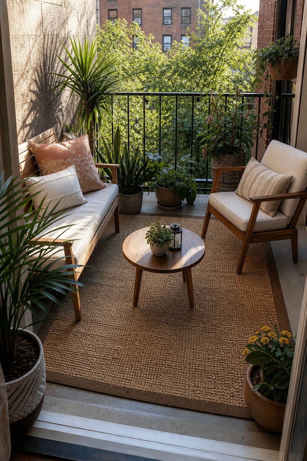 Add an Outdoor Rug to Anchor the Seating small apartment idea for Top 18 Garden Summer Decor Ideas for Small Apartments.