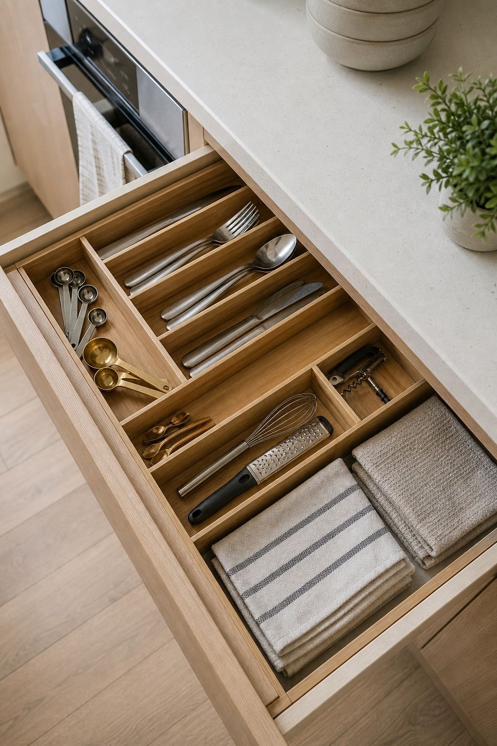 Use Drawer Organizers for Every Drawer small apartment idea for Top 17 Kitchen Zen Home Decor Ideas for Small Apartments.