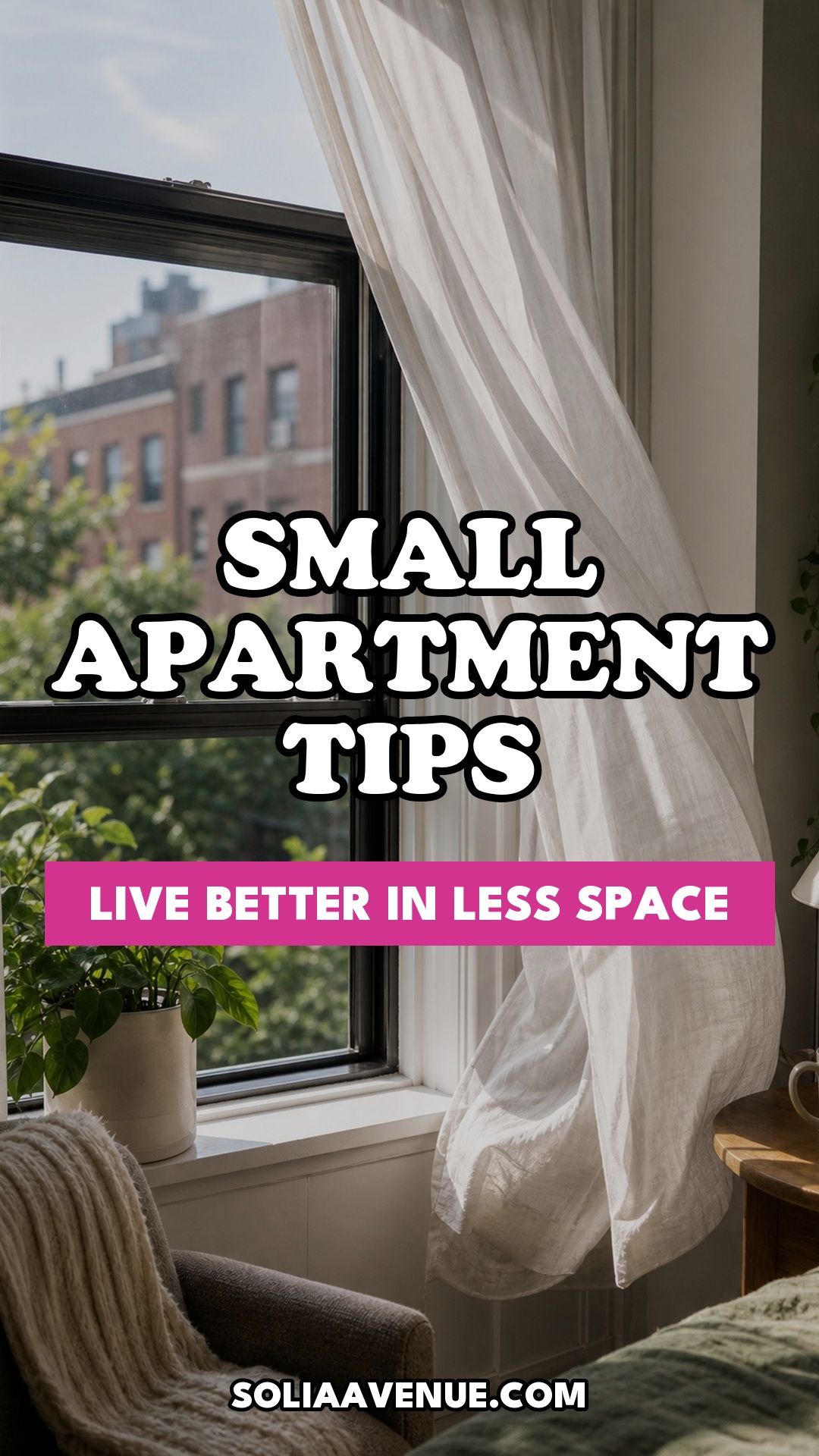 Pinterest pin for Top 16 Best Living in a Small Apartment Tips from Solia Avenue.