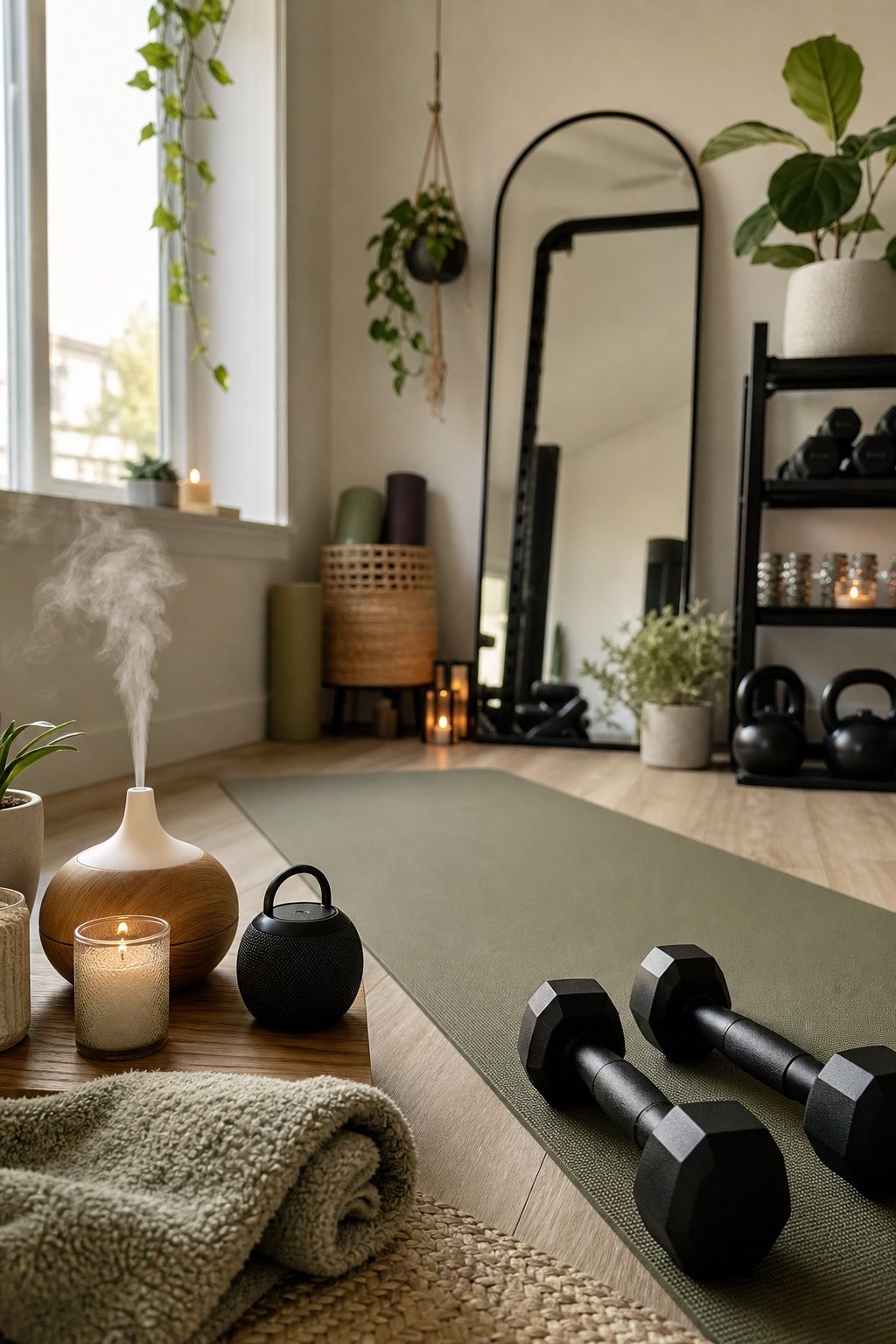 Layer in Scent and Sound small apartment idea for Top 16 Zen Home Gym Decor Ideas for Small Apartments.