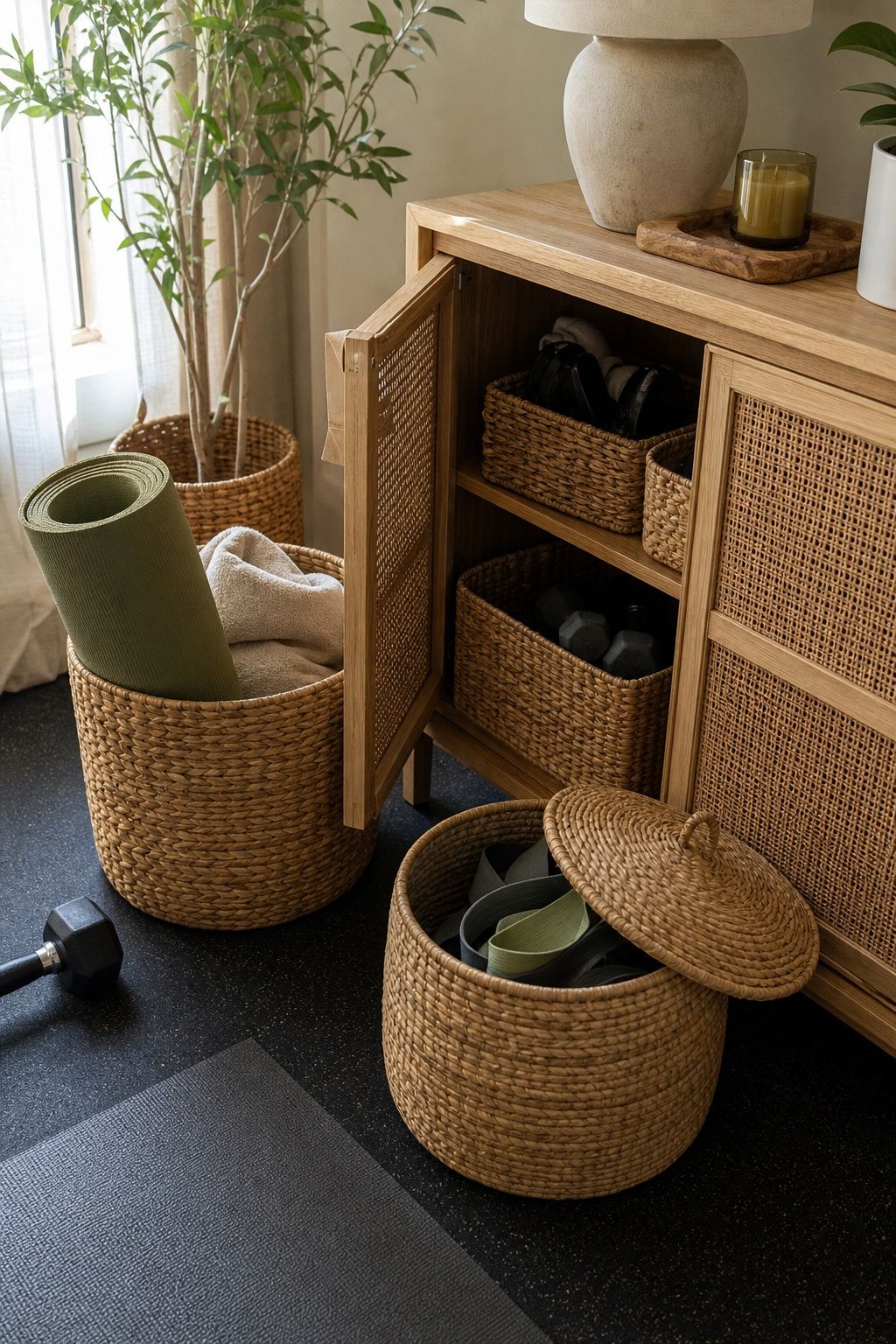 Hide the Equipment in Natural-Material Storage small apartment idea for Top 16 Zen Home Gym Decor Ideas for Small Apartments.