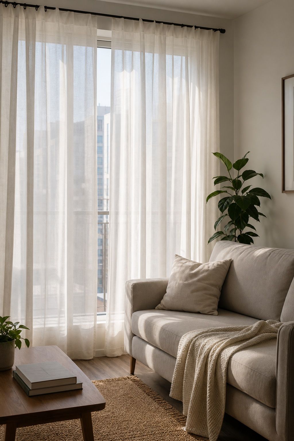Living Room: Sheer Panels for a Soft Glow small apartment idea for Top 16 Zen Curtain Ideas for a Calm, Serene Home.