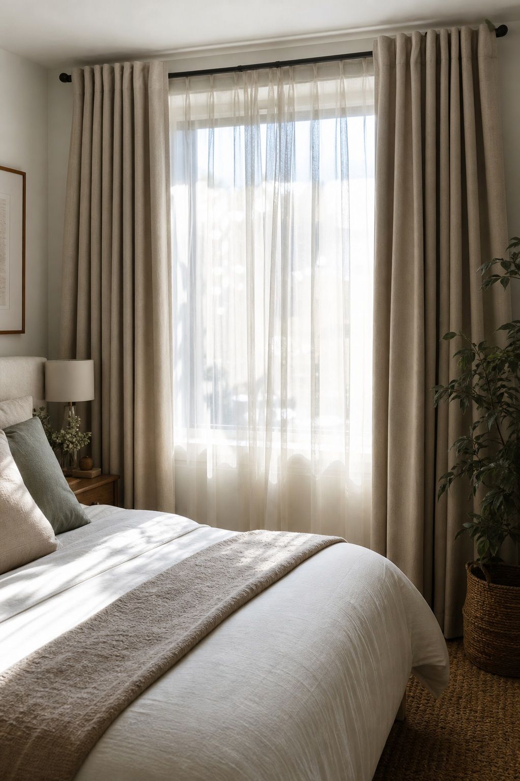 Bedroom: Layered Sheers and Room-Darkening Panels small apartment idea for Top 16 Zen Curtain Ideas for a Calm, Serene Home.