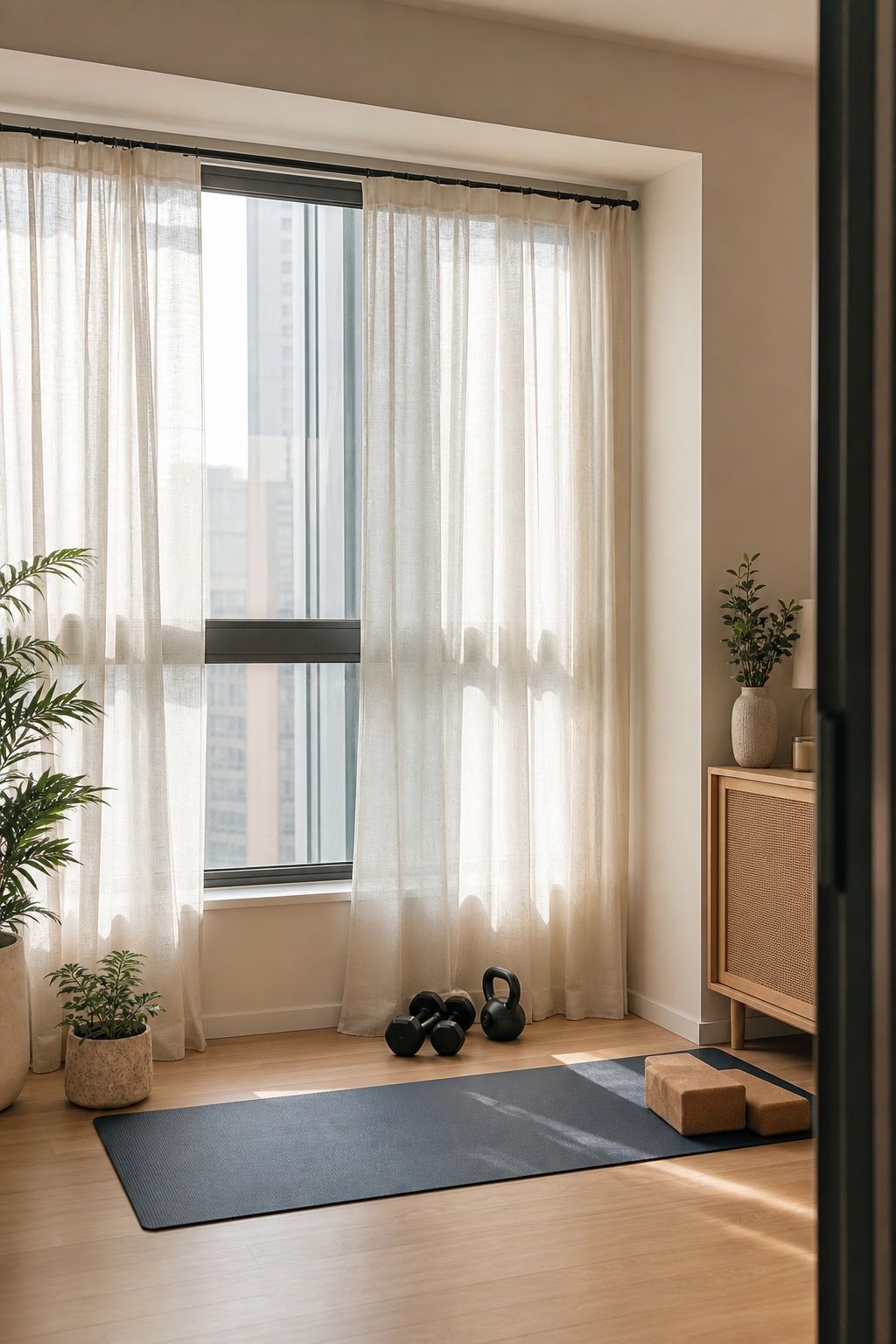 Gym or Yoga Corner: Light, Airy Panels small apartment idea for Top 16 Zen Curtain Ideas for a Calm, Serene Home.