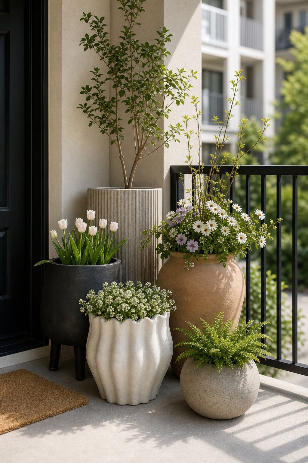 Group Planters in Sculptural Clusters small apartment idea for Top 16 Avant-Garde Front Porch Spring Decor Ideas for Apartments and Small Outdoor Spaces.